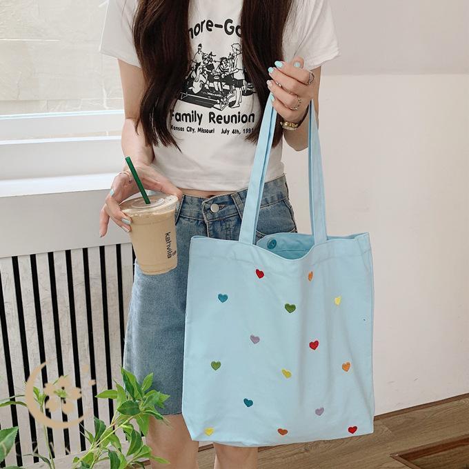 ハート トートバック 刺繍 薄手 帆布 綿 6カラー ショルダーバック