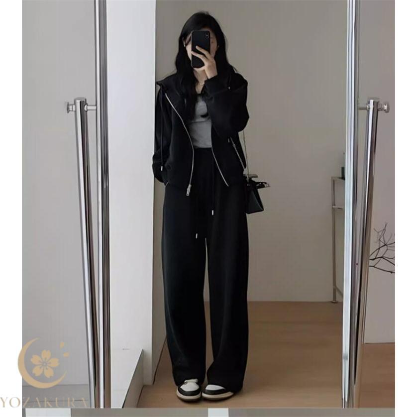 Luz フード付きジャケット✖️ロングパンツ黒　セット ジャージ セットアップ レディース スウェット フード付き 春服 秋