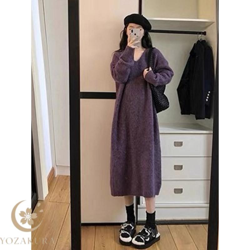 ワンピース レディース 冬 秋 ニット セーター パープル vネック