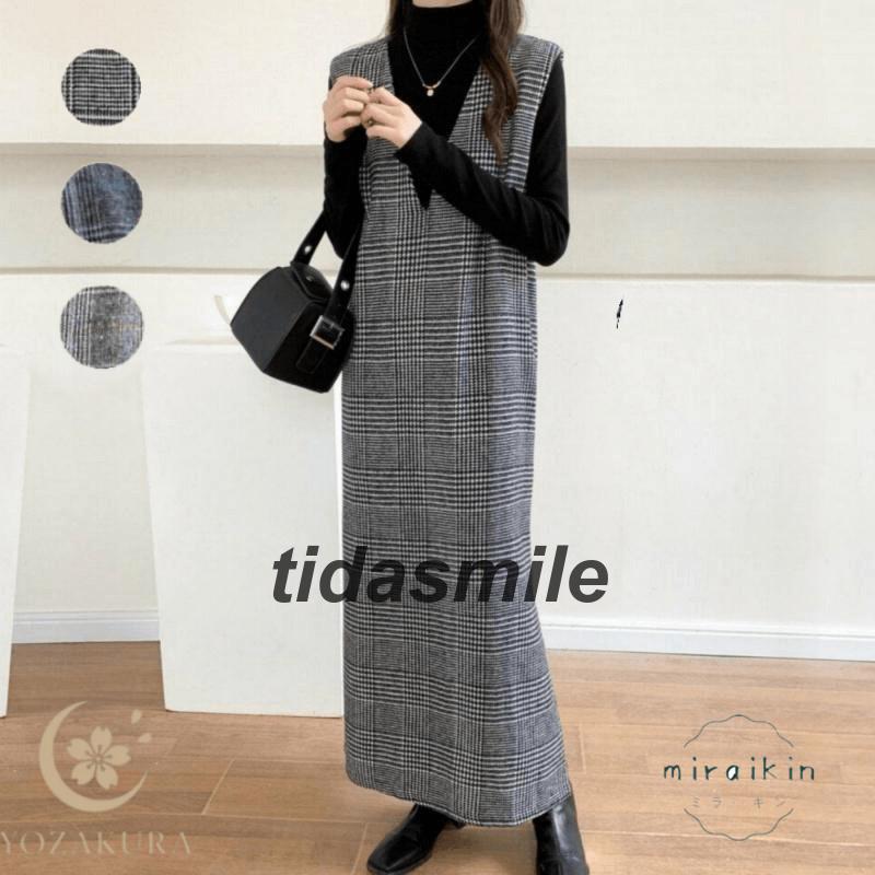 ジャンパースカート ワンピース 秋 冬 ロング丈 vネック チェック柄
