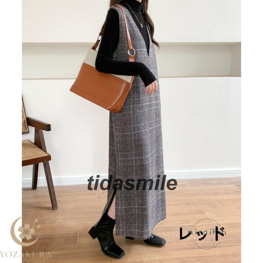 ジャンパースカート ワンピース 秋 冬 ロング丈 vネック チェック柄