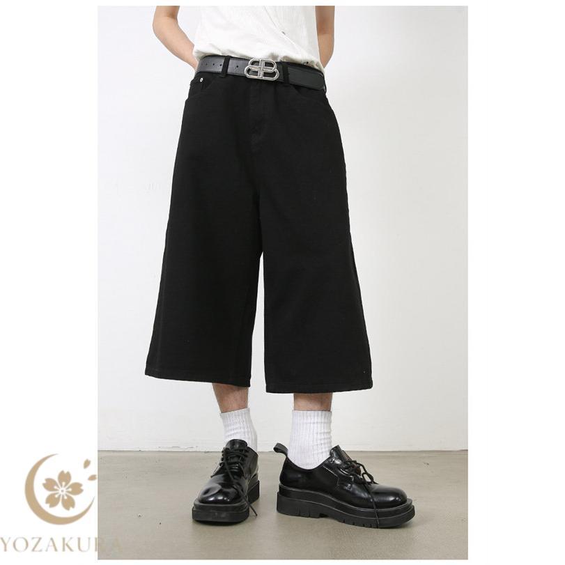 デニム ワイドパンツ メンズ 7分丈 ハーフパンツ ゆったり ボトムス