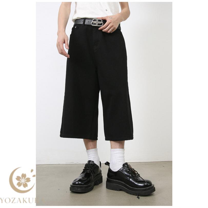 デニム ワイドパンツ メンズ 7分丈 ハーフパンツ ゆったり ボトムス
