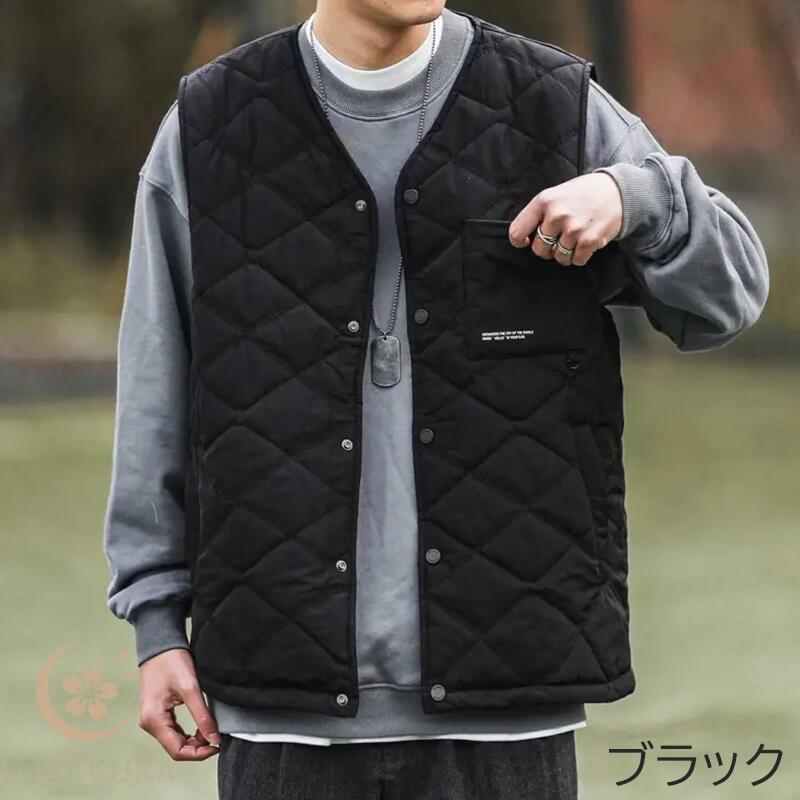 キルティングベスト メンズ 秋冬 アウター ノーカラー 重ね着