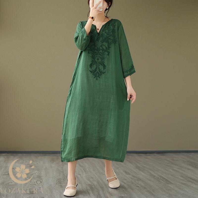 エスニック 刺繍 リネンワンピース 麻 マキシ丈 ロング丈 ミモレ丈