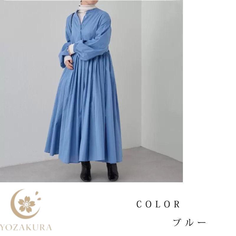 ギャザーワンピース ロングシャツワンピース コットン レディース 長袖