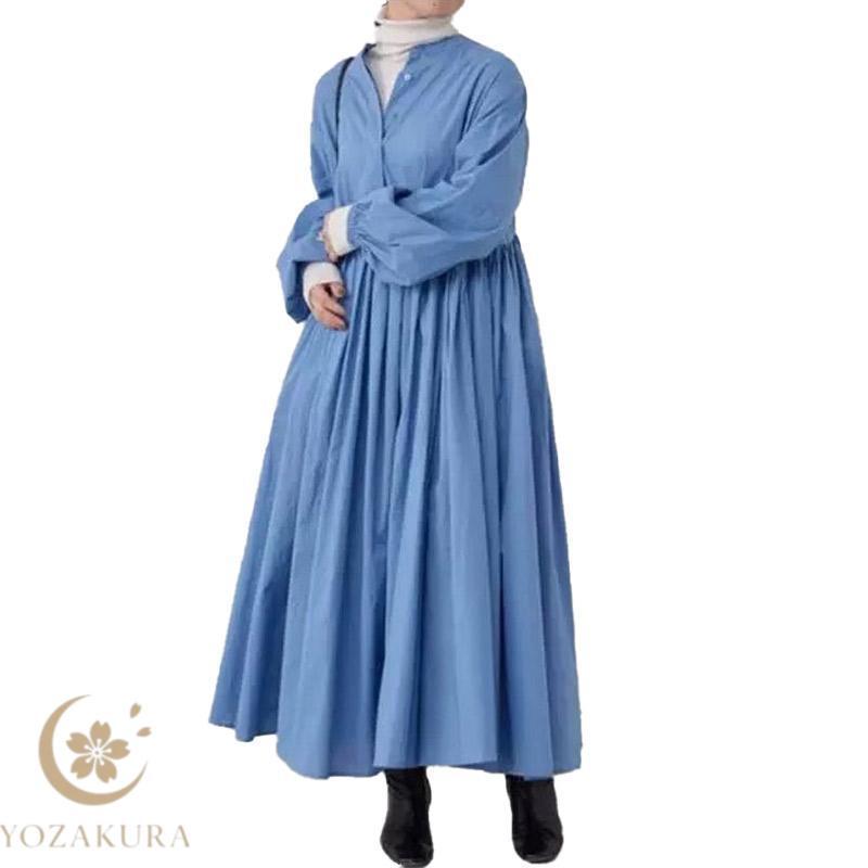 ギャザーワンピース ロングシャツワンピース コットン レディース 長袖