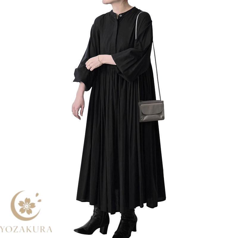 ギャザーワンピース ロングシャツワンピース コットン レディース 長袖