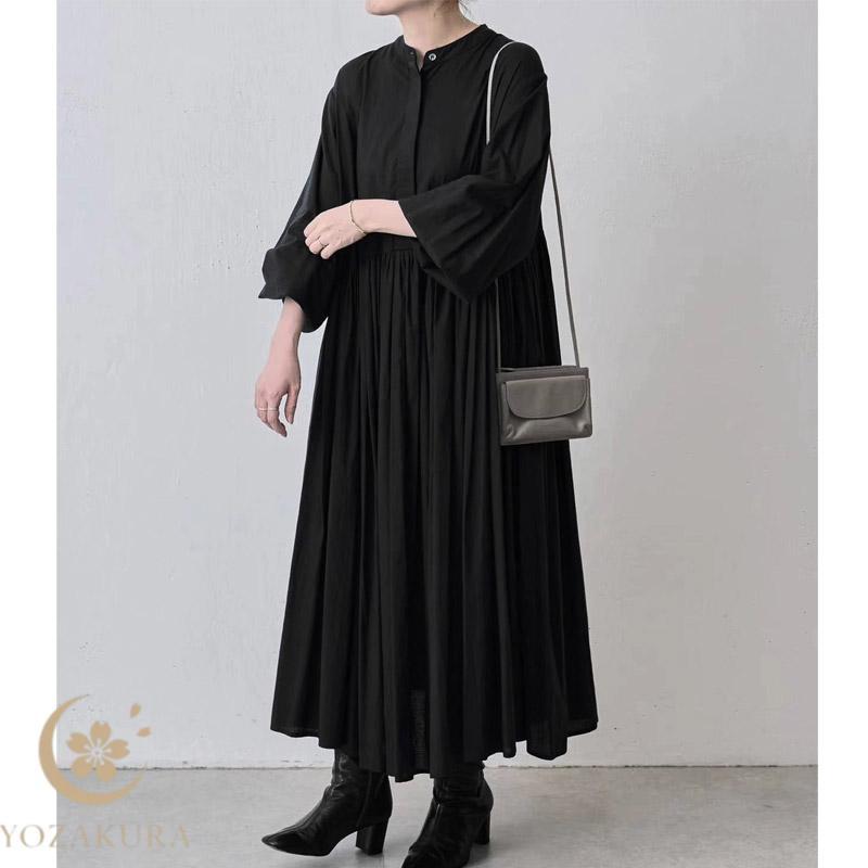 ギャザーワンピース ロングシャツワンピース コットン レディース 長袖