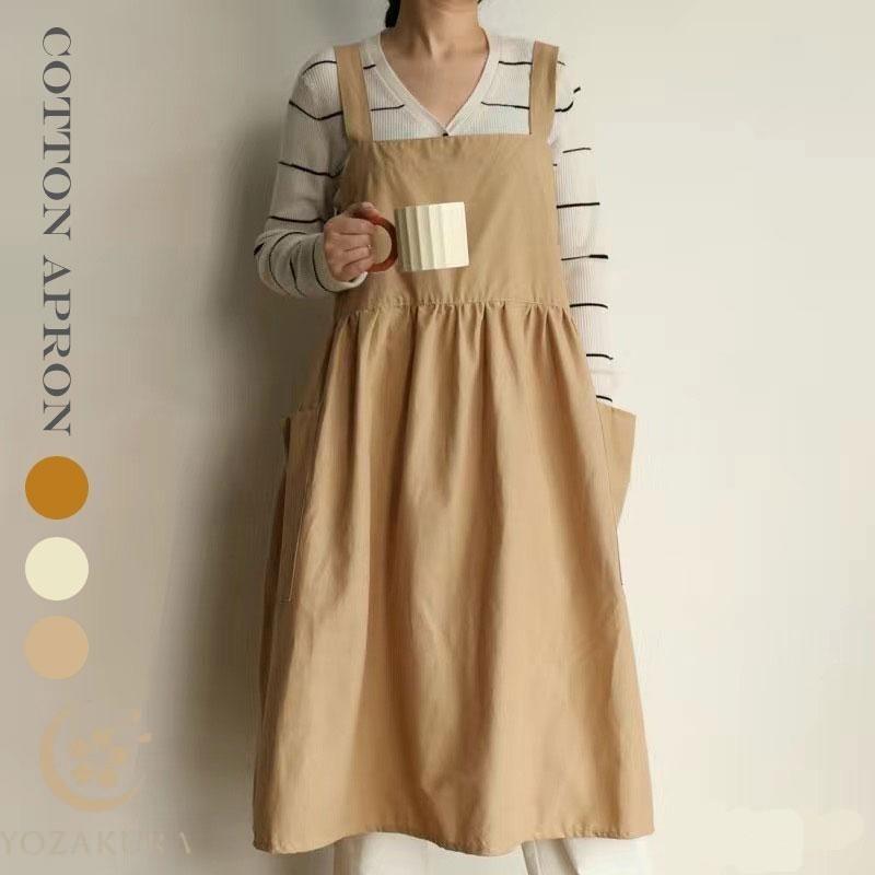 エプロン コットン レディース カフェエプロン ポケット付きドレス