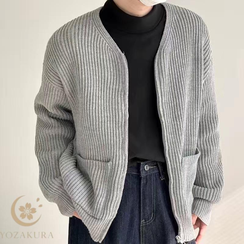ニットカーディガン メンズ ジッパーセーター Vネック シンプル ジップ
