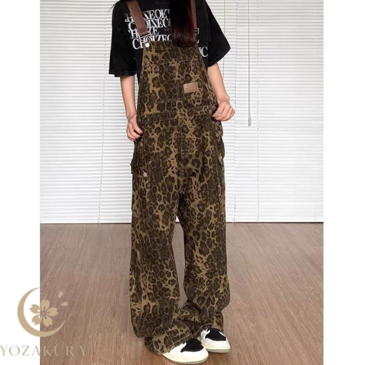 サロペット ワイドパンツ レディース ストリート系 ヒョウ柄 春 秋 冬