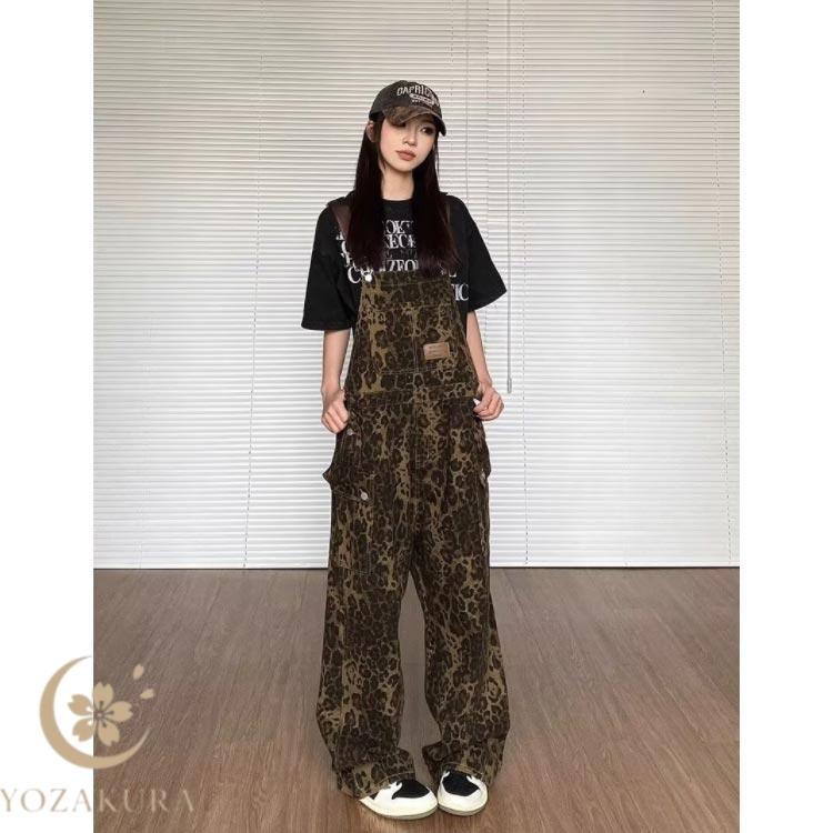 サロペット ワイドパンツ レディース ストリート系 ヒョウ柄 春 秋 冬