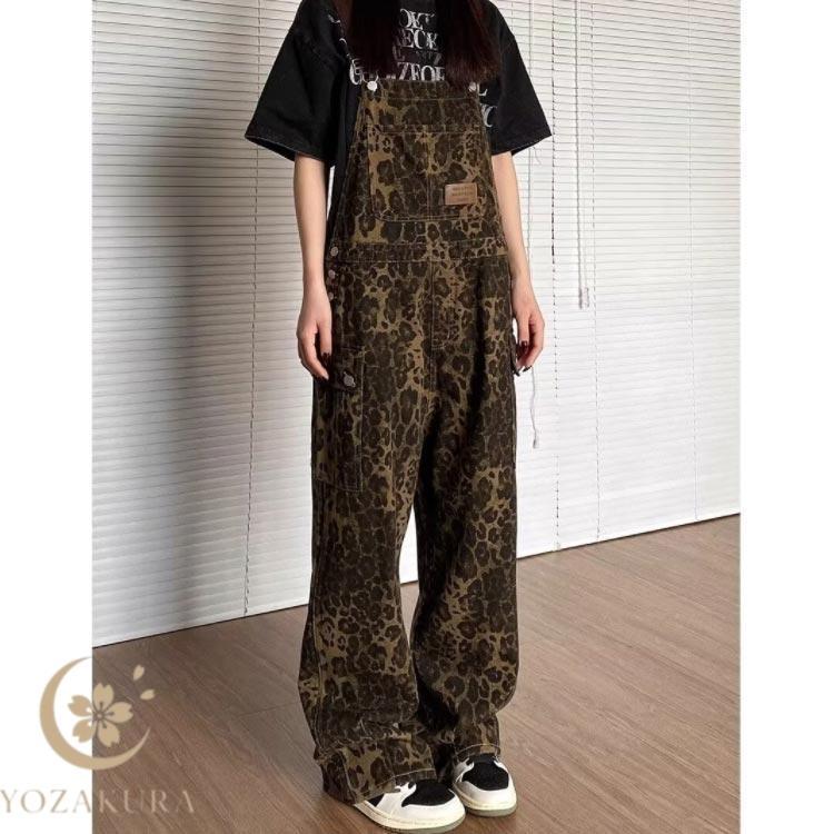 サロペット ワイドパンツ レディース ストリート系 ヒョウ柄 春 秋 冬