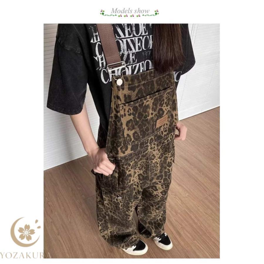サロペット ワイドパンツ レディース ストリート系 ヒョウ柄 春 秋 冬 