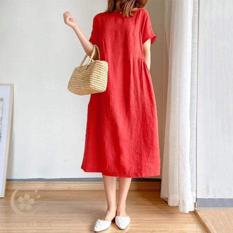 ワンピース レディース ロングワンピース 夏 春秋 丸首 半袖 吸汗 体型