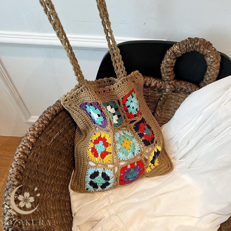 【美品✨ヴィンテージ】レザー×クロシェ 編みバッグ ベージュ バッグ レディース 秋 冬 クロシェ編み バック 鞄 カバン ハンドバック