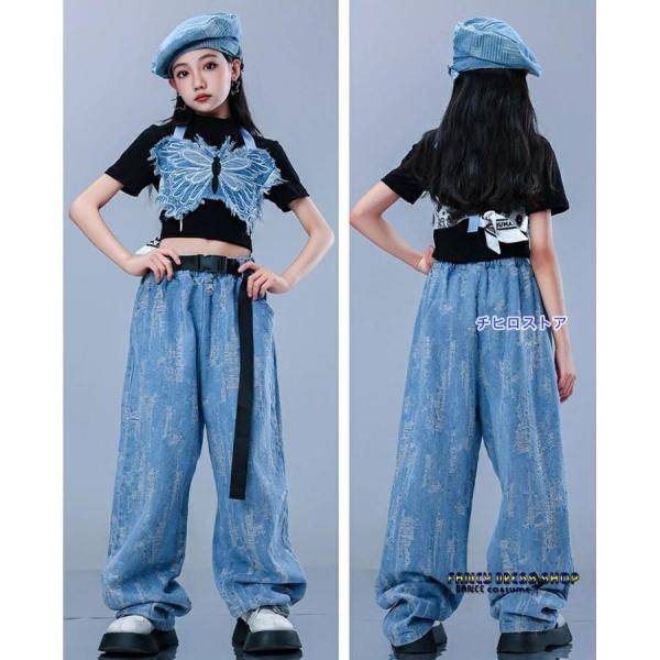 ダンス衣装 セット デニム ブルー キッズダンス衣装 セットアップ ステージ衣装 トップス