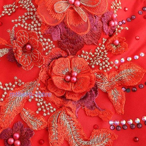 社交ダンス赤い花刺繍のフレアドレス 社交ダンスドレス モダンダンス レッスン着 ラテンダンス フラメンコ