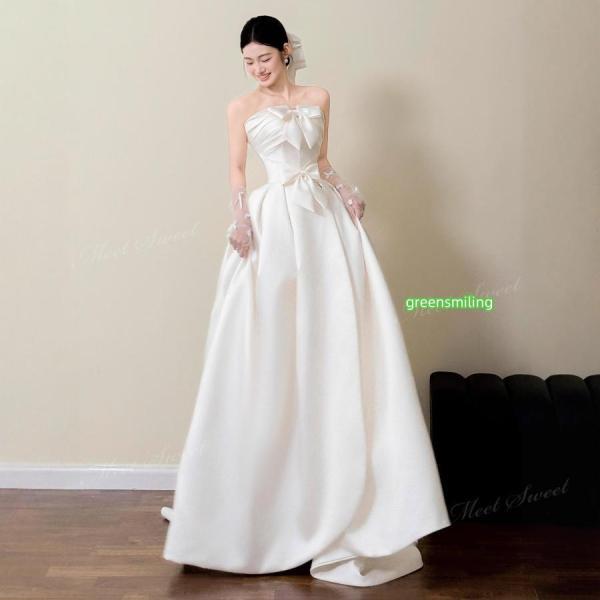 ウェディングドレス リボン装飾 ベアトップドレス サテン Aライン ロング 二次会 結婚式 披露宴 前撮り 後撮り 発表会 花嫁 ウエディングドレス 花嫁ドレスの画像