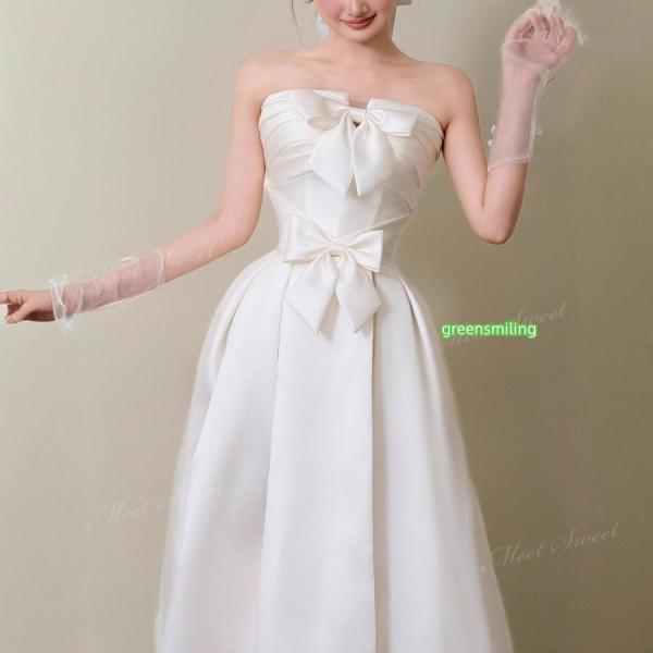 ウェディングドレス リボン装飾 ベアトップドレス サテン Aライン ロング 二次会 結婚式 披露宴 前撮り 後撮り 発表会 花嫁 ウエディングドレス 花嫁ドレスの画像