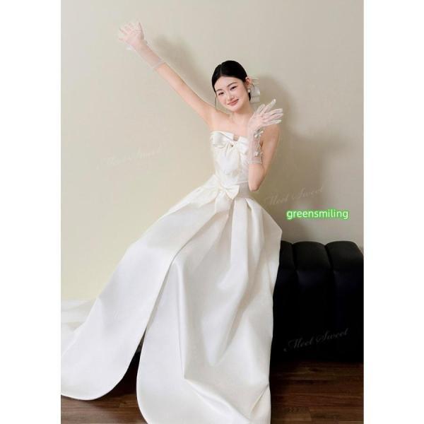 ウェディングドレス リボン装飾 ベアトップドレス サテン Aライン ロング 二次会 結婚式 披露宴 前撮り 後撮り 発表会 花嫁 ウエディングドレス 花嫁ドレスの画像