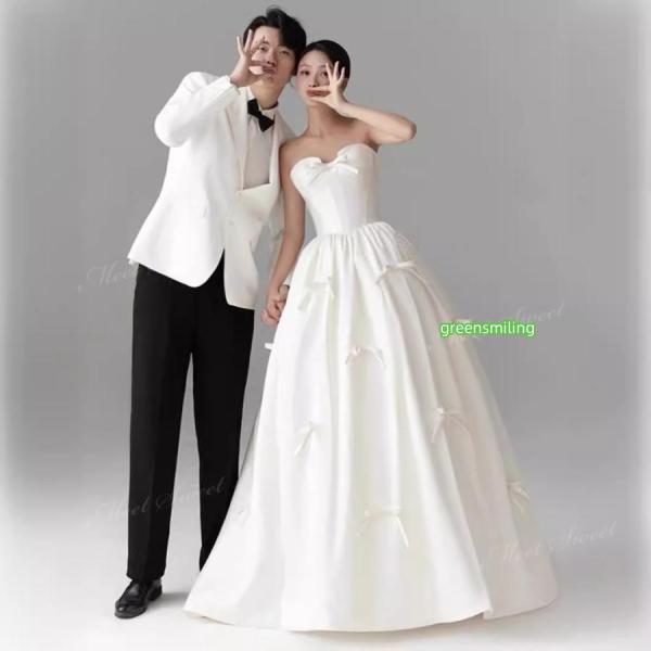 ウェディングドレス ベアトップ リボン サテン ファスナー 蝶結び Aライン ロング 二次会 結婚式 披露宴 前撮り 発表会 花嫁 ウエディングドレス 花嫁ドレスの画像