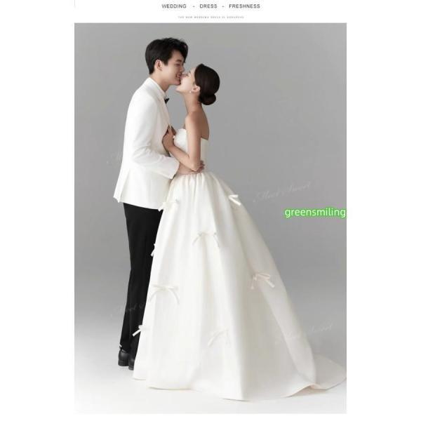 ウェディングドレス ベアトップ リボン サテン ファスナー 蝶結び Aライン ロング 二次会 結婚式 披露宴 前撮り 発表会 花嫁 ウエディングドレス 花嫁ドレスの画像