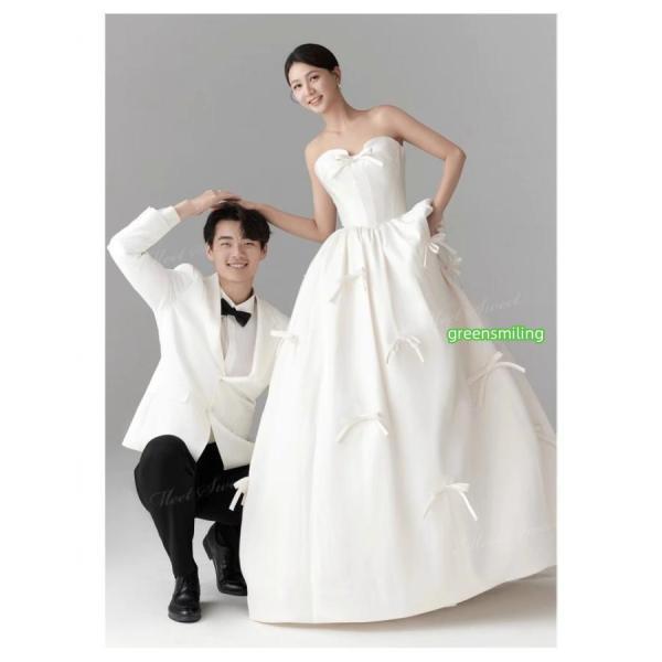 ウェディングドレス ベアトップ リボン サテン ファスナー 蝶結び Aライン ロング 二次会 結婚式 披露宴 前撮り 発表会 花嫁 ウエディングドレス 花嫁ドレスの画像
