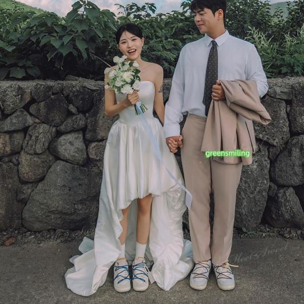 ウェディングドレス ミニ ショート丈 ミニドレス バルーン 二次会 結婚式 前撮り 発表会 花嫁 ウエディングドレス サテン ビスチェ フィッシュテールドレス_2