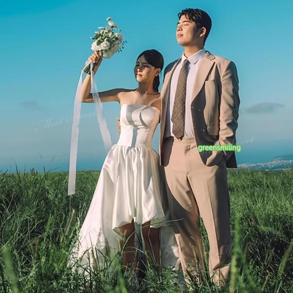 ウェディングドレス ミニ ショート丈 ミニドレス バルーン 二次会 結婚式 前撮り 発表会 花嫁 ウエディングドレス サテン ビスチェ フィッシュテールドレス_6