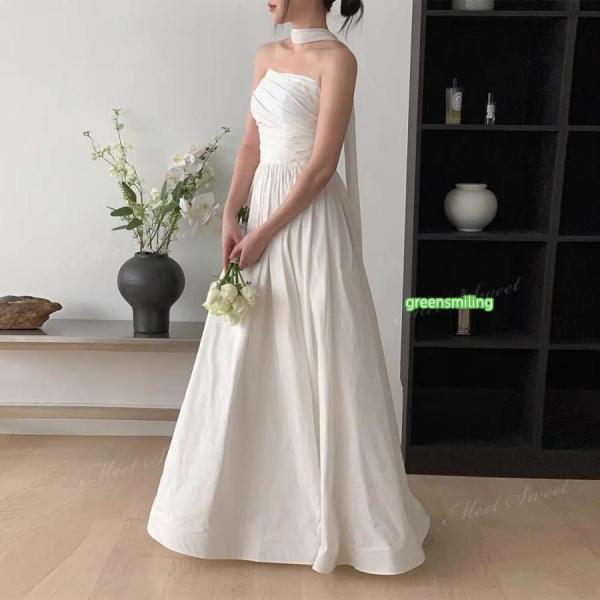ウェディングドレス 2way タフタ Aラインドレス ベアトップ ロング 二次会 結婚式 披露宴 前撮り 後撮り 発表会 花嫁 ウエディングドレス 花嫁ドレスの画像