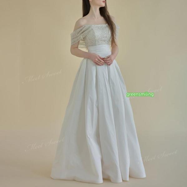 ウェディングドレス オフショルダー 2way ベアトップ Aラインドレス ロング 二次会 結婚式 披露宴 前撮り 発表会 花嫁 ウエディングドレス 花嫁ドレス_3