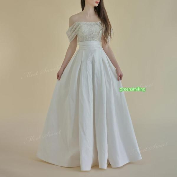 ウェディングドレス オフショルダー 2way ベアトップ Aラインドレス ロング 二次会 結婚式 披露宴 前撮り 発表会 花嫁 ウエディングドレス 花嫁ドレス_4