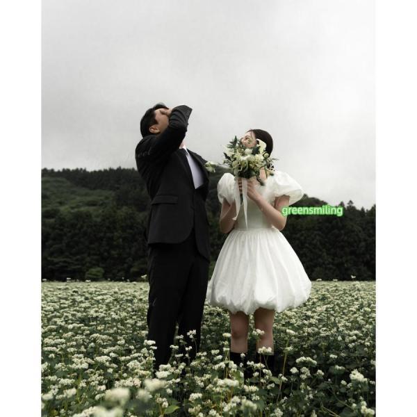 ウェディングドレス ミニ ショート丈 ミニドレス バルーン パフスリーブ 二次会 結婚式 前撮り 発表会 花嫁 ウエディングドレス ショートドレス_1