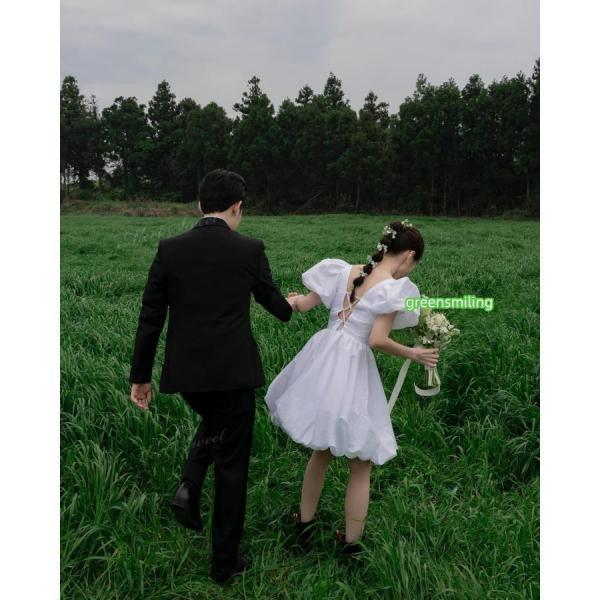 ウェディングドレス ミニ ショート丈 ミニドレス バルーン パフスリーブ 二次会 結婚式 前撮り 発表会 花嫁 ウエディングドレス ショートドレス_3