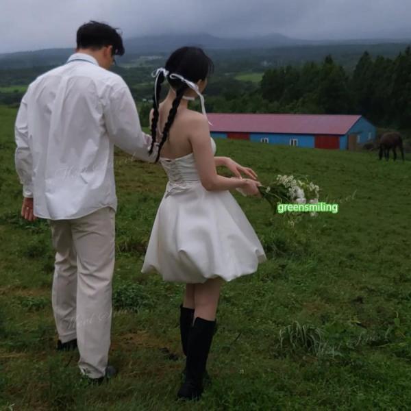 ウェディングドレス ミニ ショート丈 ミニドレス バルーン 立体 二次会 結婚式 前撮り 発表会 花嫁 ウエディングドレス ベアトップ シンプル ショートドレス_10