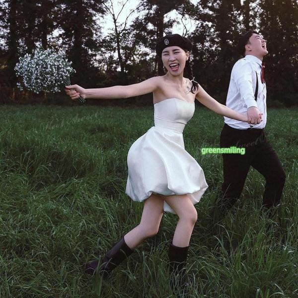 ウェディングドレス ミニ ショート丈 ミニドレス バルーン 立体 二次会 結婚式 前撮り 発表会 花嫁 ウエディングドレス ベアトップ シンプル ショートドレス_2