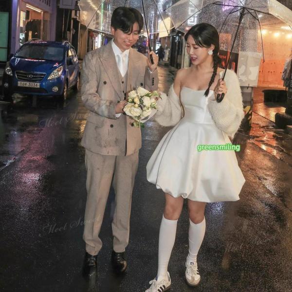 ウェディングドレス ミニ ショート丈 ミニドレス バルーン 立体 二次会 結婚式 前撮り 発表会 花嫁 ウエディングドレス ベアトップ シンプル ショートドレス_5