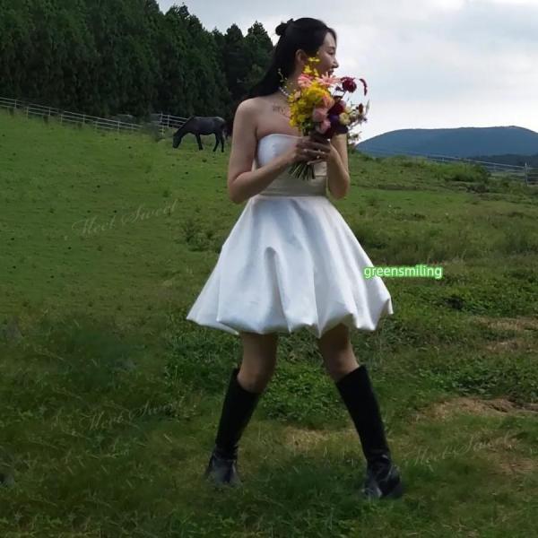 ウェディングドレス ミニ ショート丈 ミニドレス バルーン 立体 二次会 結婚式 前撮り 発表会 花嫁 ウエディングドレス ベアトップ シンプル ショートドレス_7