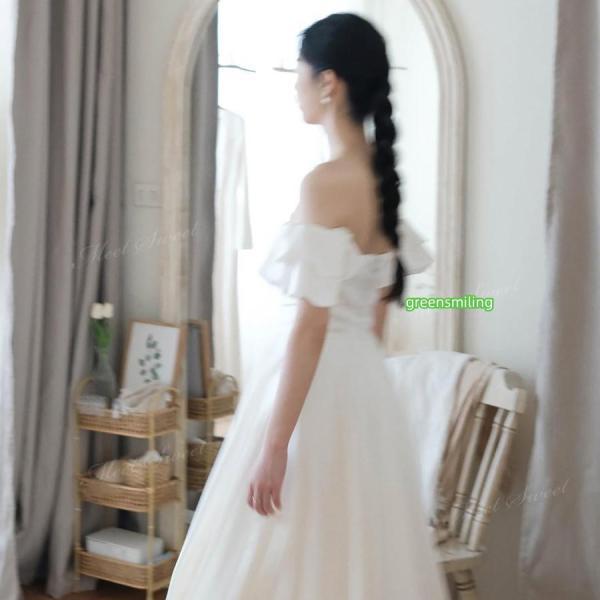 ウェディングドレス 2way つけ袖 スレンダーライン サテン ロングドレス 演奏会 二次会 結婚式 披露宴 前撮り 発表会 花嫁 ウエディングドレス 花嫁ドレスの画像