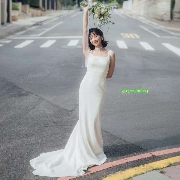 ウェディングドレス ノースリーブ マーメイド サテン ハネムーン ロング 二次会 結婚式 披露宴 前撮り 後撮り 発表会 花嫁 ウエディングドレス エレガントの画像