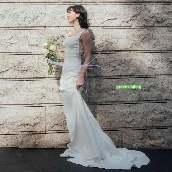 ウェディングドレス ノースリーブ マーメイド サテン ハネムーン ロング 二次会 結婚式 披露宴 前撮り 後撮り 発表会 花嫁 ウエディングドレス エレガントの画像