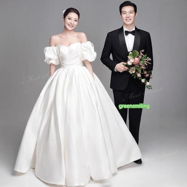 ウェディングドレス プリンセスライン オフショルダー サテン Aライン ロング 二次会 結婚式 披露宴 前撮り 後撮り 発表会 花嫁 ウエディングドレス 花嫁ドレスの画像