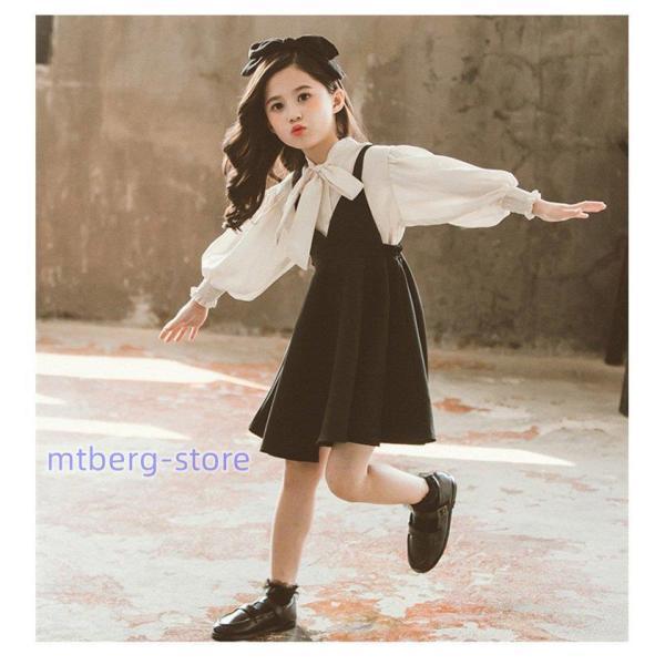 子供服 セットアップ 女の子 キッズ 春秋 長袖 シャツ + ワンピース 2点セット 韓国子供服 フォーマル おしゃれ 可愛い ジュニア服 入園 入学 二次会結婚式の画像