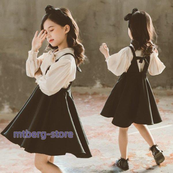 子供服 セットアップ 女の子 キッズ 春秋 長袖 シャツ + ワンピース 2点セット 韓国子供服 フォーマル おしゃれ 可愛い ジュニア服 入園 入学 二次会結婚式の画像