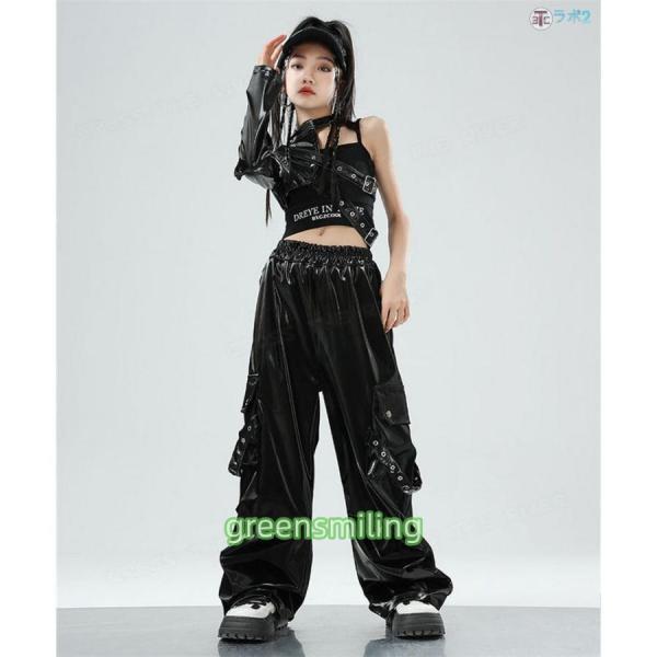 ダンス衣装 ワンショルダー 長袖 レザーパンツ k-pop 衣装 キッズダンス衣装