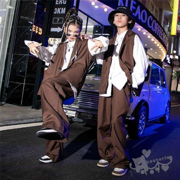 ダンス衣装 ヒップホップ セットアップ スーツコーヒー ベスト ロングパンツ 白シャツ キッズダンス衣装 ガールズ 男の子 ヒップホップ 派手 K-POP 韓国の画像