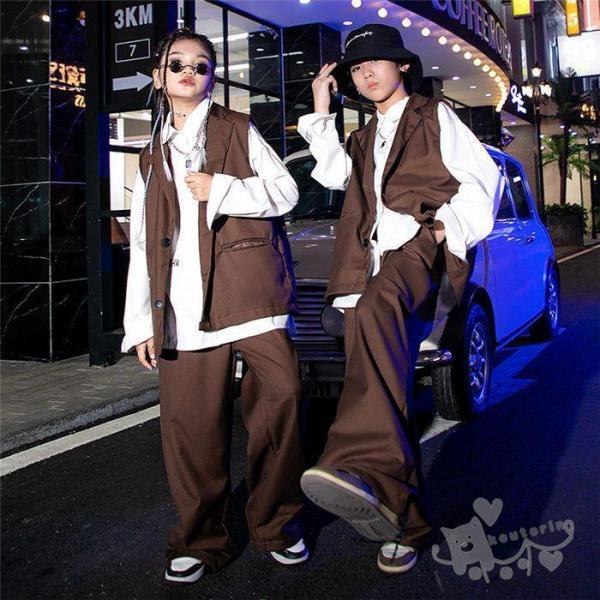 ダンス衣装 ヒップホップ セットアップ スーツコーヒー ベスト ロングパンツ 白シャツ キッズダンス衣装 ガールズ 男の子 ヒップホップ 派手 K-POP 韓国の画像
