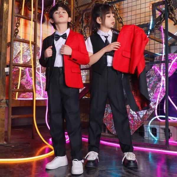 スーツ子供ダンス衣装　ヒップホップジャズダンスウェア　舞台演出服　hiphopjazz男女兼用赤+黒切り替えスーツジャケット　ジレベスト　半袖ワイシャツ　スーツの画像